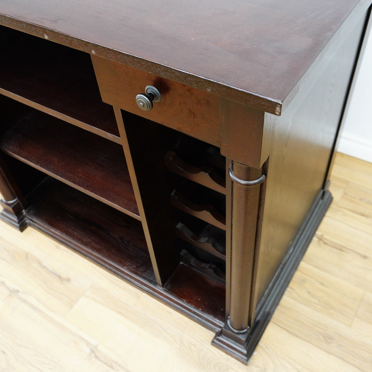 44-Inch W Bar Cabinet in Dark Wood with Open Shelves, Wine Rack