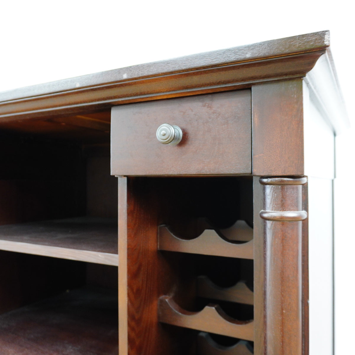 44-Inch W Bar Cabinet in Dark Wood with Open Shelves, Wine Rack