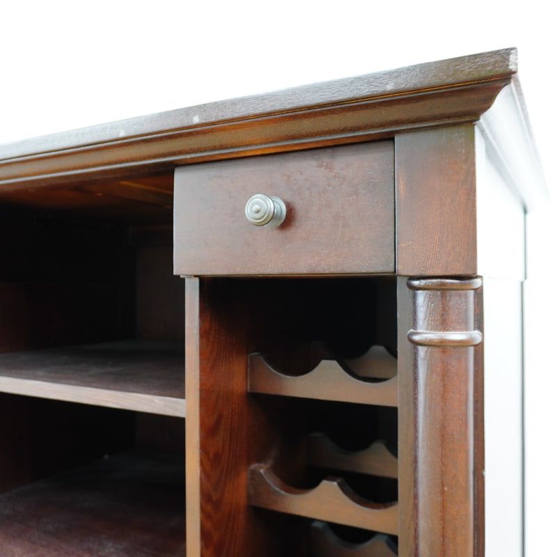 44-Inch W Bar Cabinet in Dark Wood with Open Shelves, Wine Rack