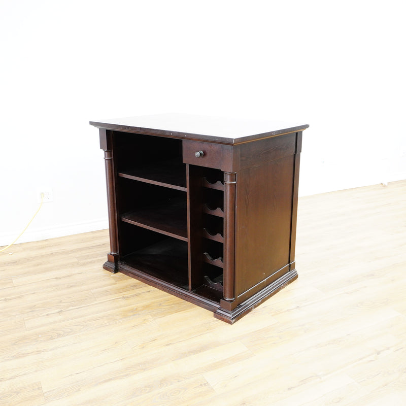 44-Inch W Bar Cabinet in Dark Wood with Open Shelves, Wine Rack