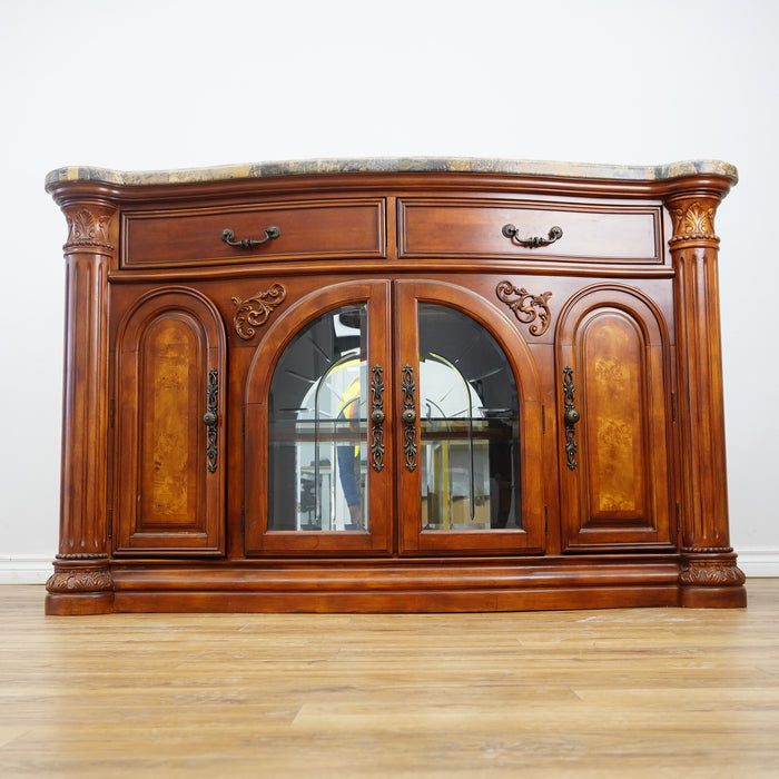 64x19x41-Inch Carved Wood Dresser – Marble Top, Mirrored Cabinet with Lights