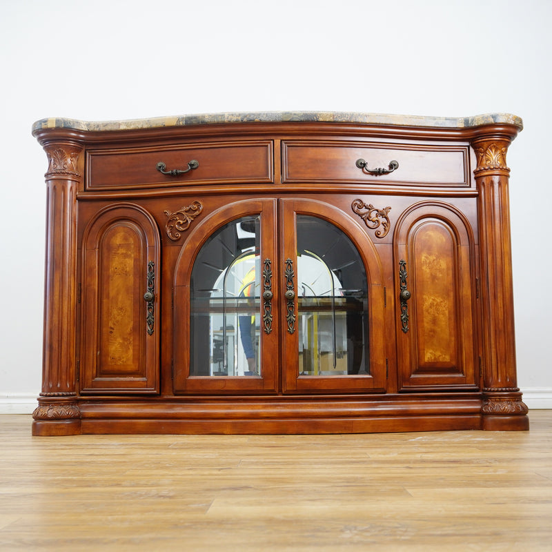 64x19x41-Inch Carved Wood Dresser – Marble Top, Mirrored Cabinet with Lights