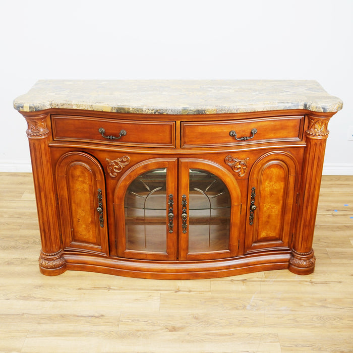 64x19x41-Inch Carved Wood Dresser – Marble Top, Mirrored Cabinet with Lights