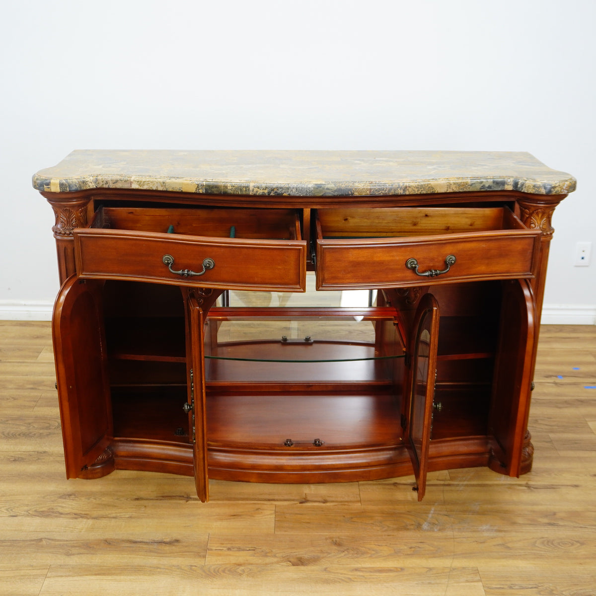 64x19x41-Inch Carved Wood Dresser – Marble Top, Mirrored Cabinet with Lights