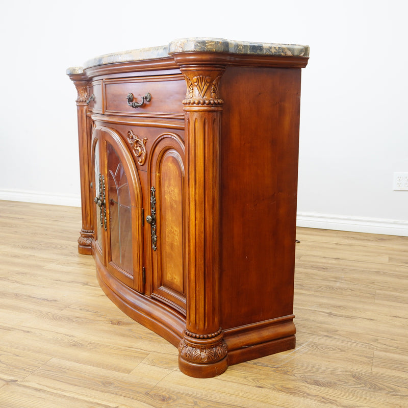 64x19x41-Inch Carved Wood Dresser – Marble Top, Mirrored Cabinet with Lights