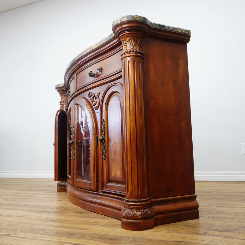 64x19x41-Inch Carved Wood Dresser – Marble Top, Mirrored Cabinet with Lights