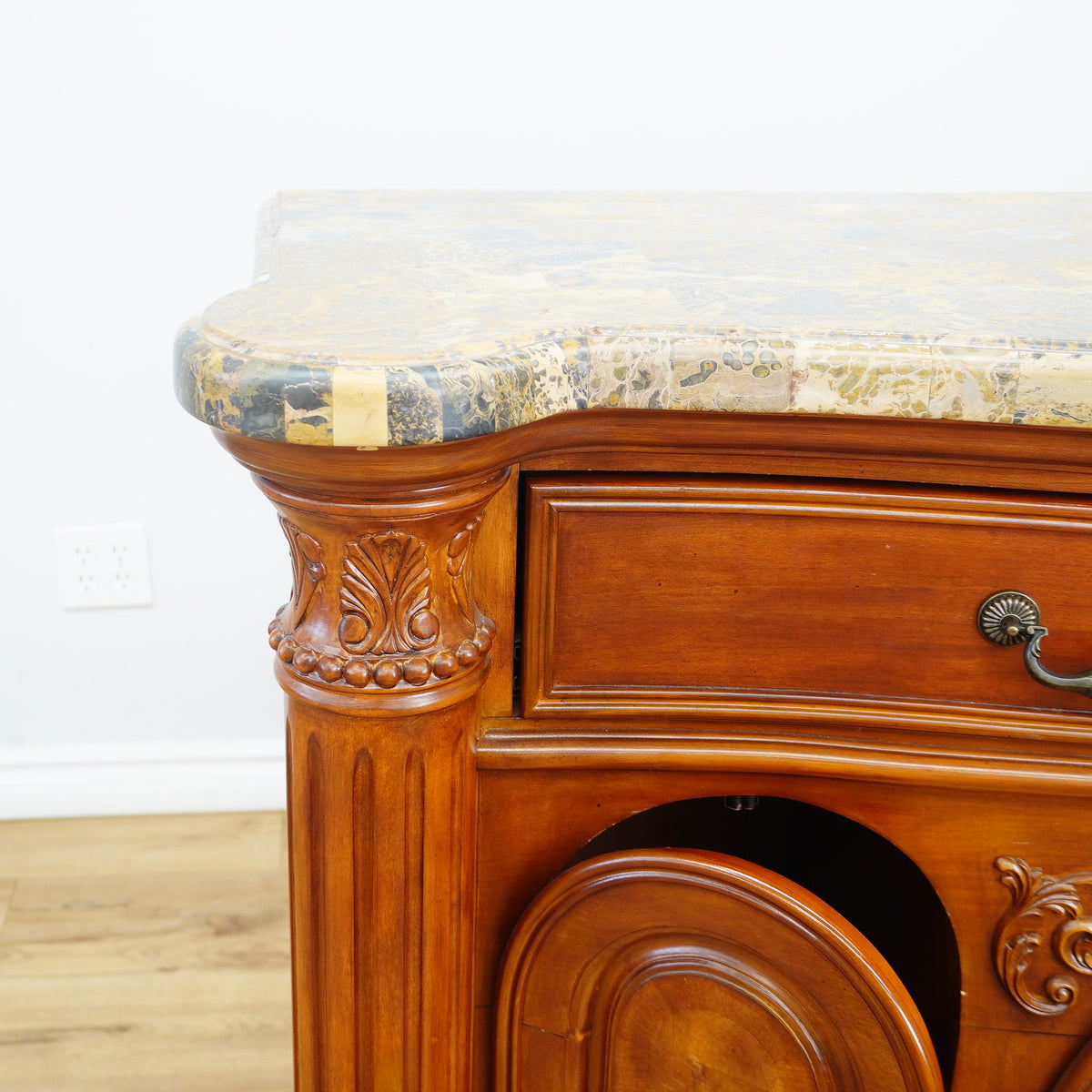 64x19x41-Inch Carved Wood Dresser – Marble Top, Mirrored Cabinet with Lights