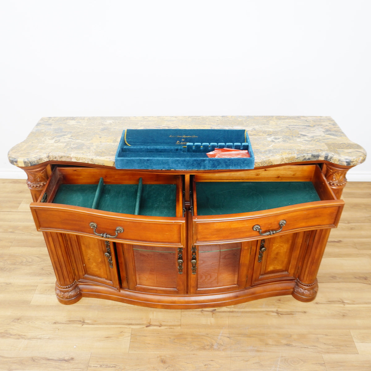 64x19x41-Inch Carved Wood Dresser – Marble Top, Mirrored Cabinet with Lights