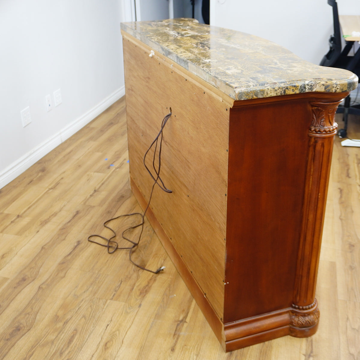 64x19x41-Inch Carved Wood Dresser – Marble Top, Mirrored Cabinet with Lights
