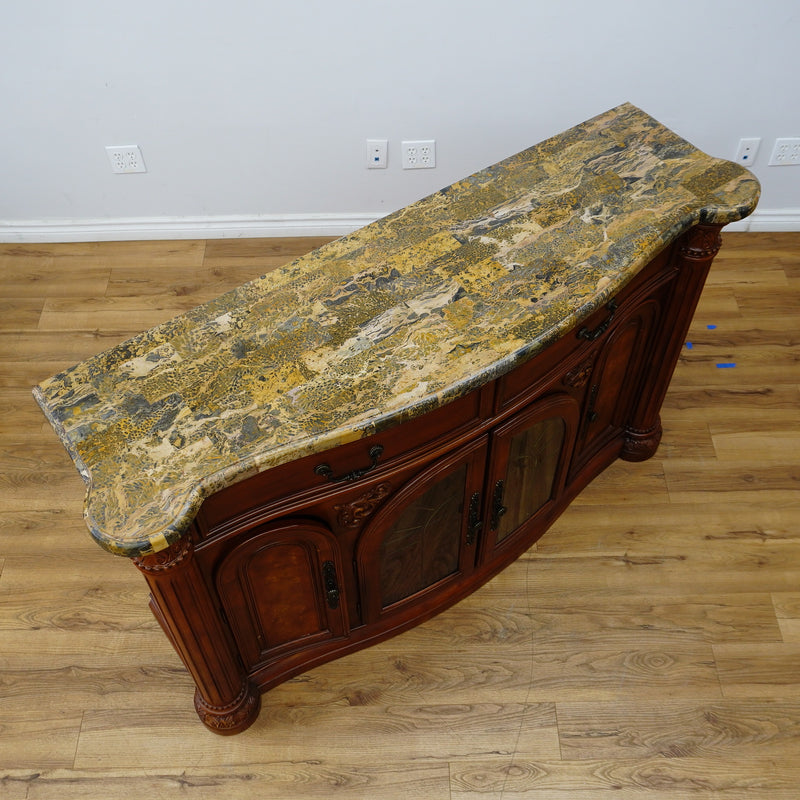 64x19x41-Inch Carved Wood Dresser – Marble Top, Mirrored Cabinet with Lights