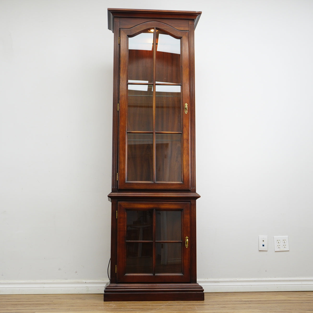 Mahogany Glass Curio Cabinet – 80" Tall Lit Interior, Ornate Carvings, 5 Shelves