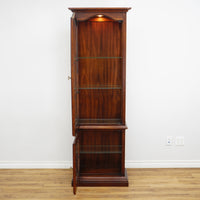 Mahogany Glass Curio Cabinet – 80" Tall Lit Interior, Ornate Carvings, 5 Shelves