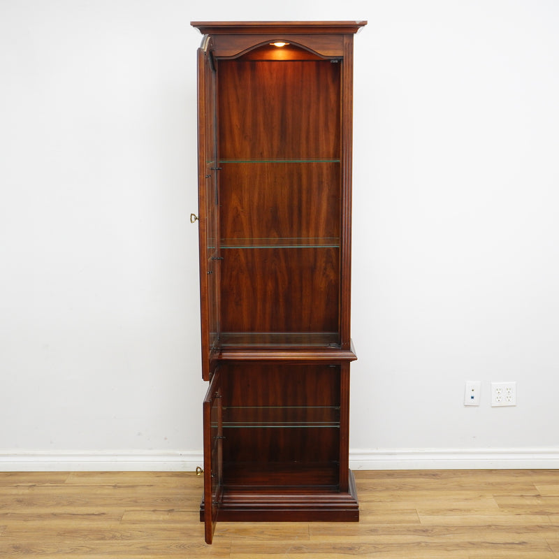 Mahogany Glass Curio Cabinet – 80" Tall Lit Interior, Ornate Carvings, 5 Shelves