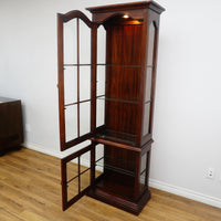 Mahogany Glass Curio Cabinet – 80" Tall Lit Interior, Ornate Carvings, 5 Shelves