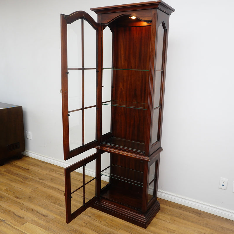 Mahogany Glass Curio Cabinet – 80" Tall Lit Interior, Ornate Carvings, 5 Shelves