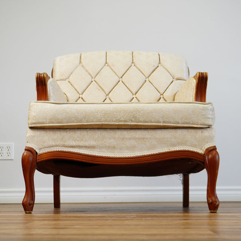 Vintage Tufted Cream Flora Upholstered Armchair with Wooden Frame