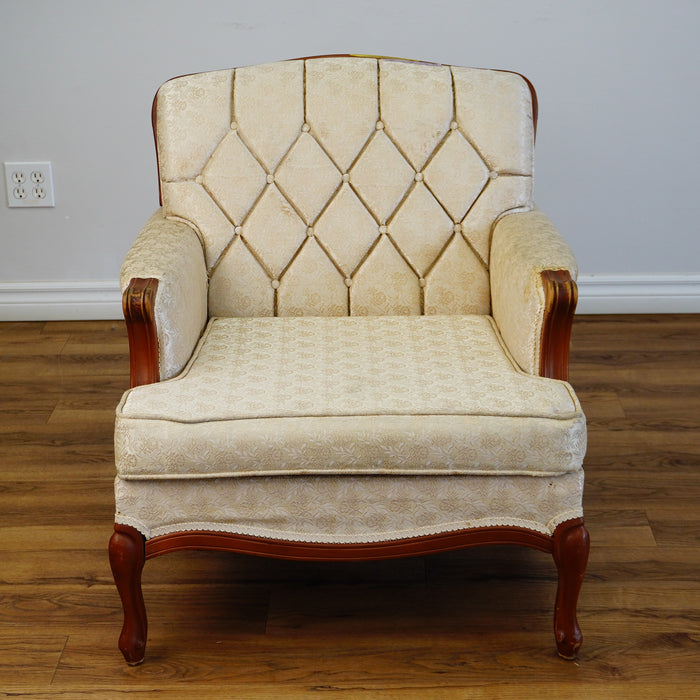 Vintage Tufted Cream Flora Upholstered Armchair with Wooden Frame