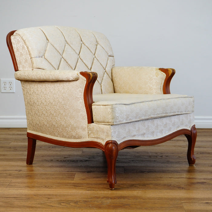 Vintage Tufted Cream Flora Upholstered Armchair with Wooden Frame