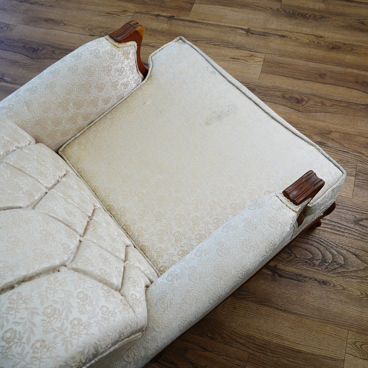Vintage Tufted Cream Flora Upholstered Armchair with Wooden Frame