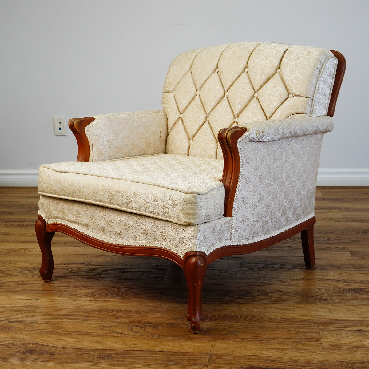 Vintage Tufted Cream Flora Upholstered Armchair with Wooden Frame