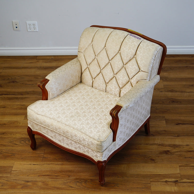 Vintage Tufted Cream Flora Upholstered Armchair with Wooden Frame