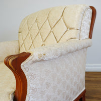 Vintage Tufted Cream Flora Upholstered Armchair with Wooden Frame