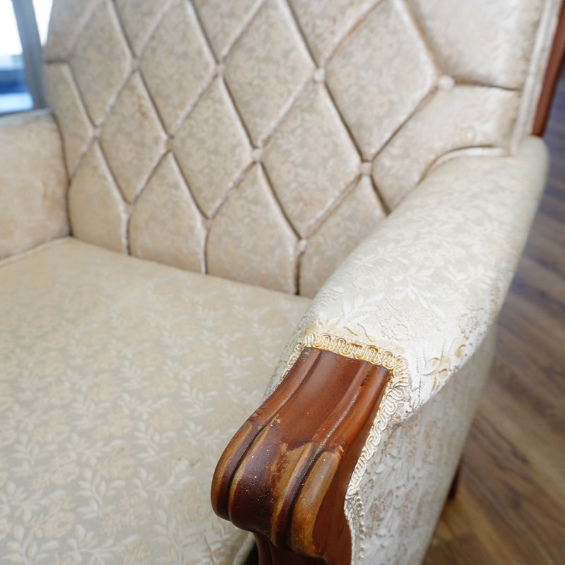 Vintage Tufted Cream Flora Upholstered Armchair with Wooden Frame