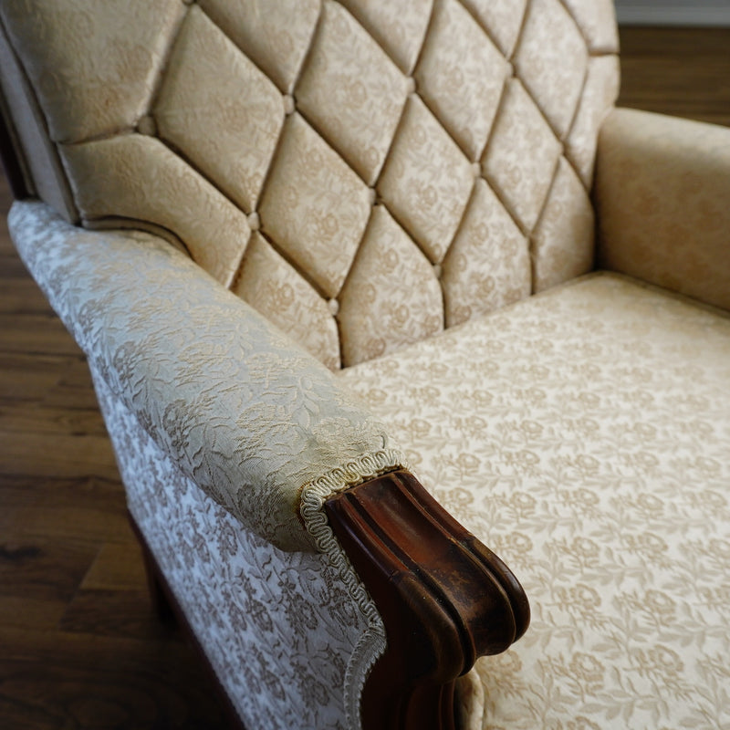 Vintage Tufted Cream Flora Upholstered Armchair with Wooden Frame