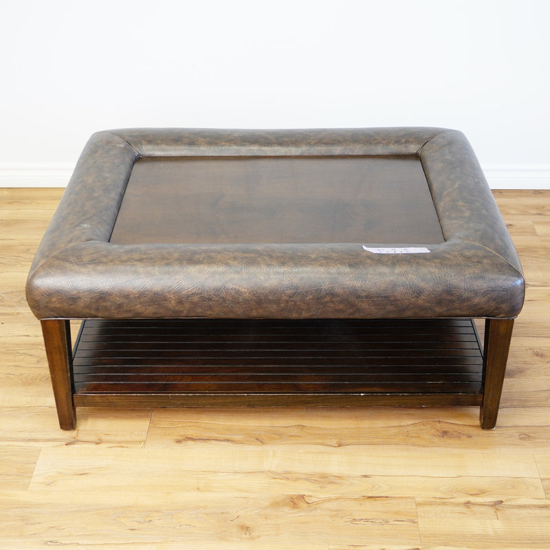 46x34x22-Inch – Dark Wood & Leather-Trim Coffee Table w/ Shelf