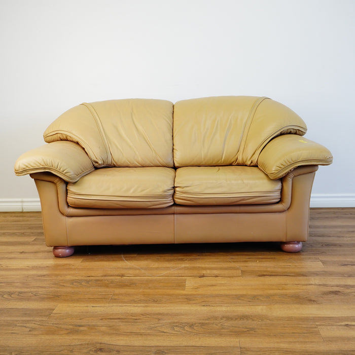 64x38x33-Inch – Tan Leather Loveseat with Plush Cushions