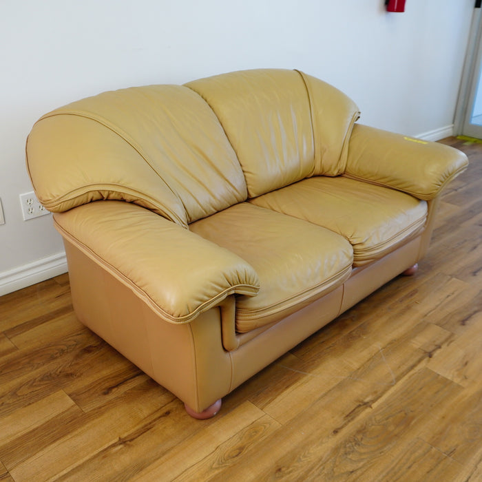 64x38x33-Inch – Tan Leather Loveseat with Plush Cushions