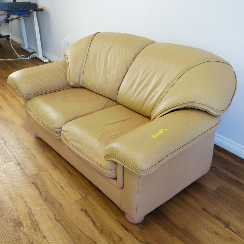 64x38x33-Inch – Tan Leather Loveseat with Plush Cushions