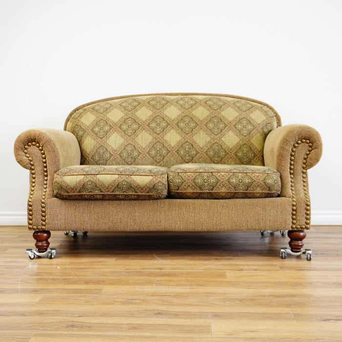 64x40x36-Inch – Classic Ecru Patterned Upholstered Loveseat – Nailhead Trim