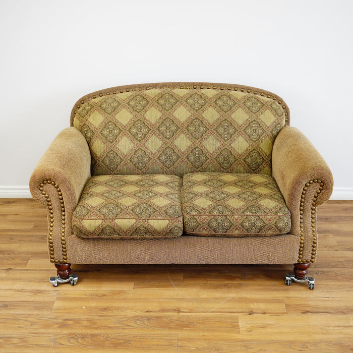 64x40x36-Inch – Classic Ecru Patterned Upholstered Loveseat – Nailhead Trim