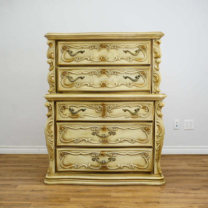 42×20×52‑Inch Ornate Tallboy Dresser – Laguna Cream Distressed – 5‑Drawer