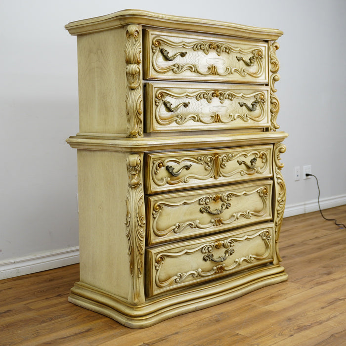42×20×52‑Inch Ornate Tallboy Dresser – Laguna Cream Distressed – 5‑Drawer