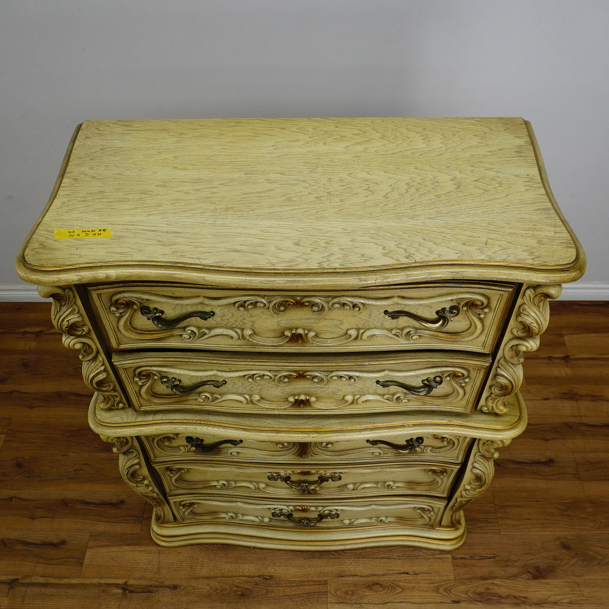 42×20×52‑Inch Ornate Tallboy Dresser – Laguna Cream Distressed – 5‑Drawer