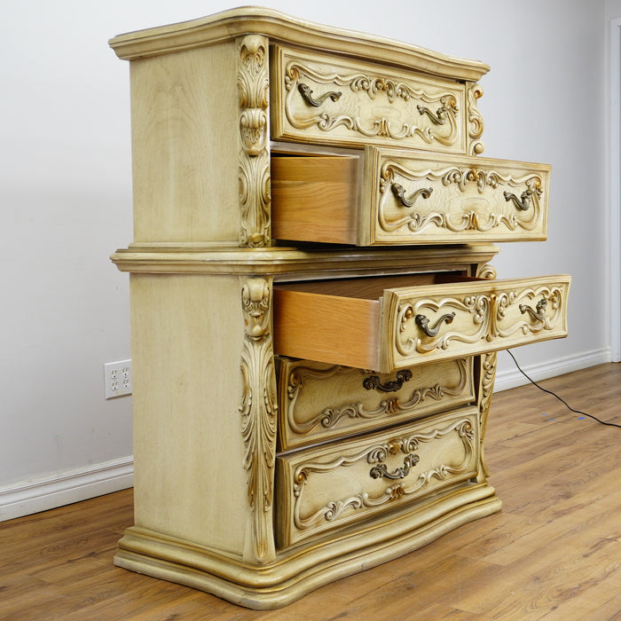 42×20×52‑Inch Ornate Tallboy Dresser – Laguna Cream Distressed – 5‑Drawer