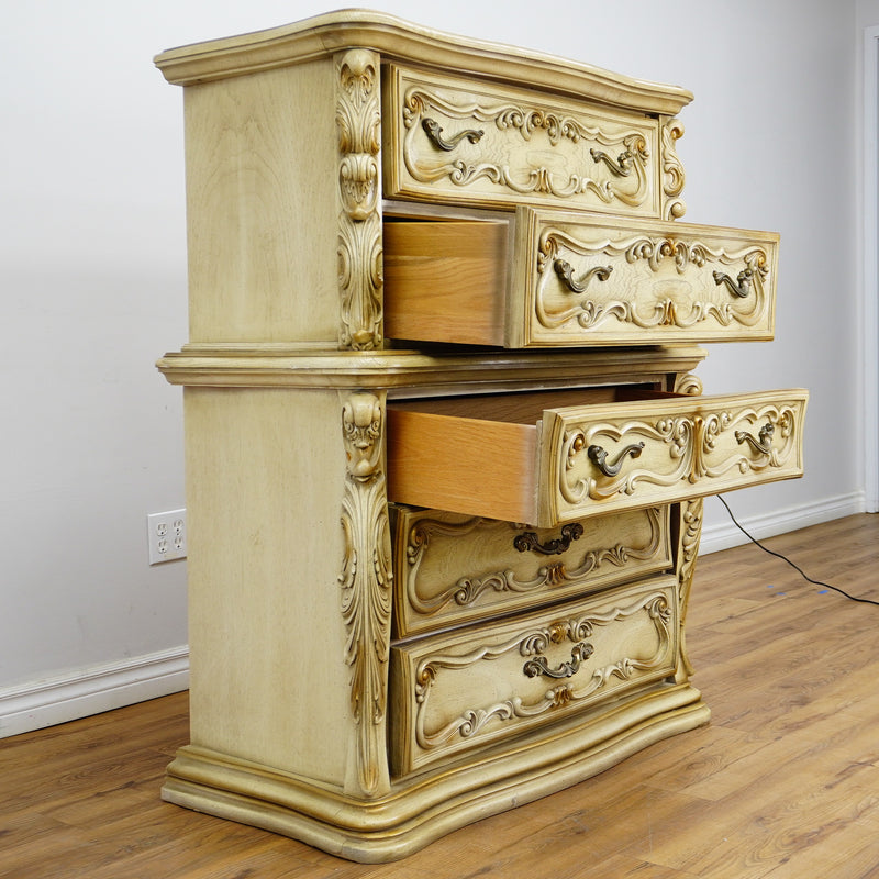 42×20×52‑Inch Ornate Tallboy Dresser – Laguna Cream Distressed – 5‑Drawer