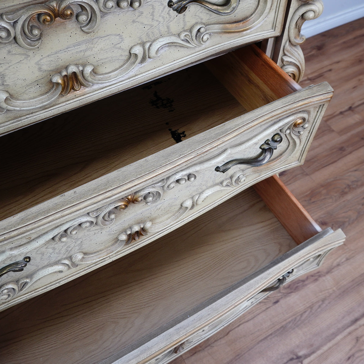 42×20×52‑Inch Ornate Tallboy Dresser – Laguna Cream Distressed – 5‑Drawer