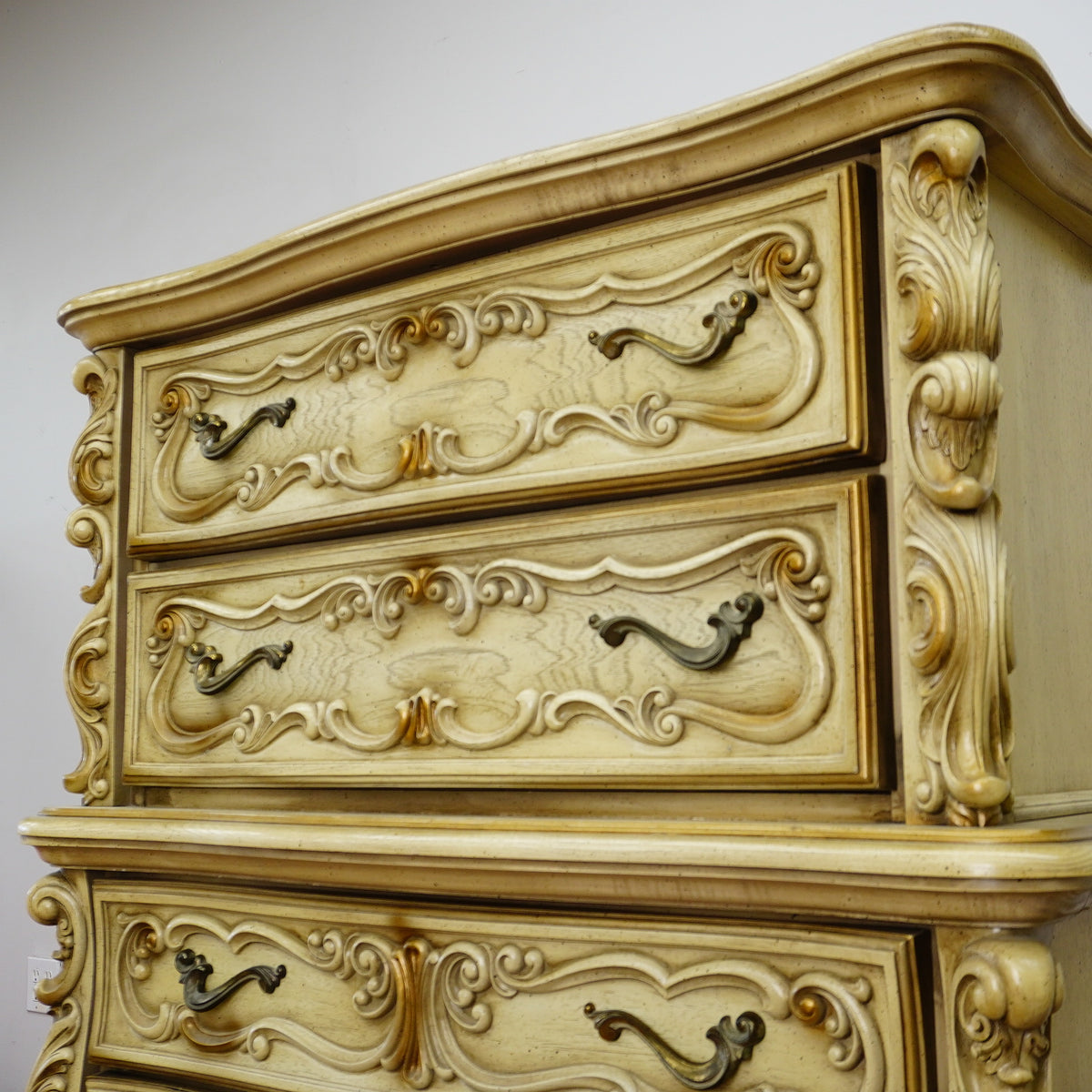 42×20×52‑Inch Ornate Tallboy Dresser – Laguna Cream Distressed – 5‑Drawer