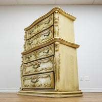 42×20×52‑Inch Ornate Tallboy Dresser – Laguna Cream Distressed – 5‑Drawer