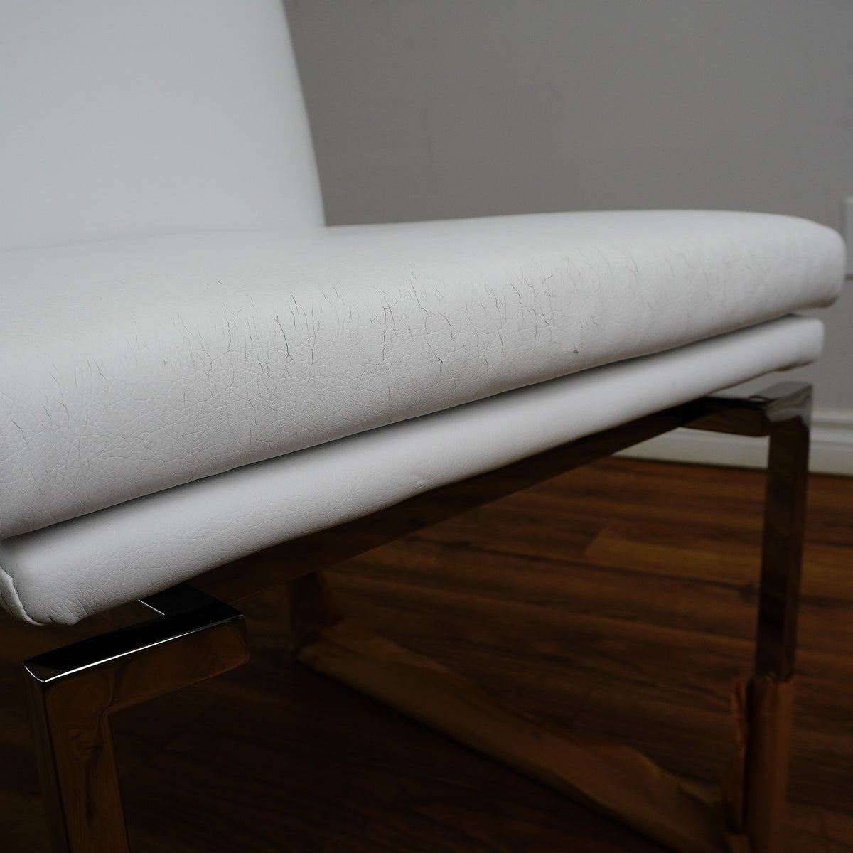 26×20×33-In Side Chair - White Naugahyde & Polished Stainless - Creased