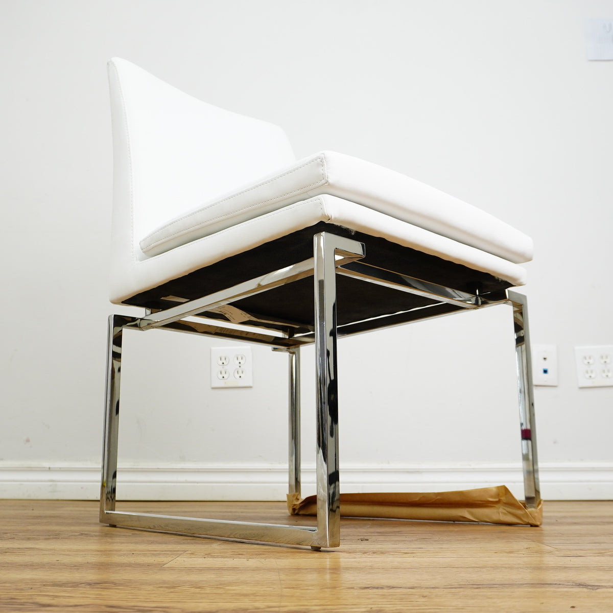 26×20×33-In Side Chair - White Naugahyde & Polished Stainless - Creased