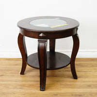 22×22×21‑Inch Round Wooden Side Table – Dark Finish with Glass Inset