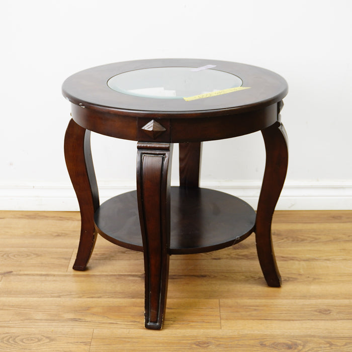 22×22×21‑Inch Round Wooden Side Table – Dark Finish with Glass Inset