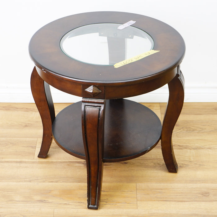 22×22×21‑Inch Round Wooden Side Table – Dark Finish with Glass Inset