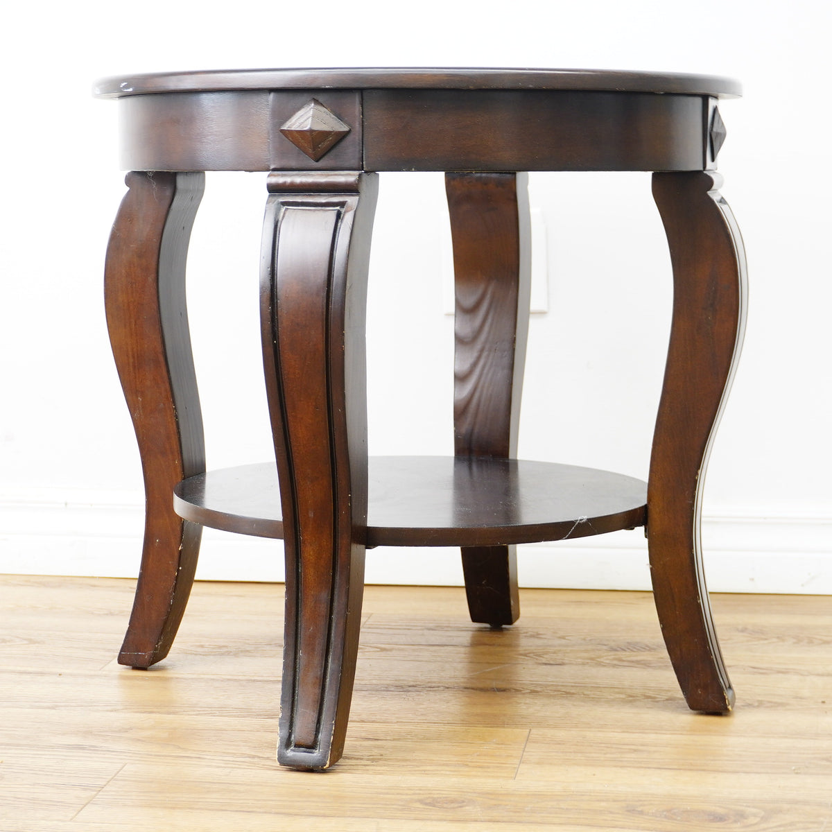 22×22×21‑Inch Round Wooden Side Table – Dark Finish with Glass Inset