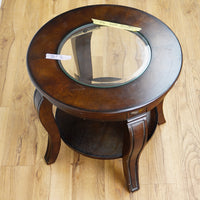 22×22×21‑Inch Round Wooden Side Table – Dark Finish with Glass Inset