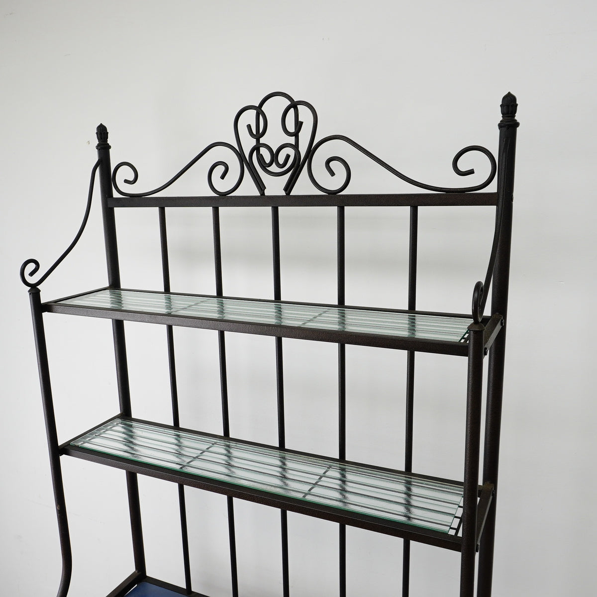 72×33×15‑Inch Decorative Baker’s Rack – Black Wrought Iron with Scrollwork